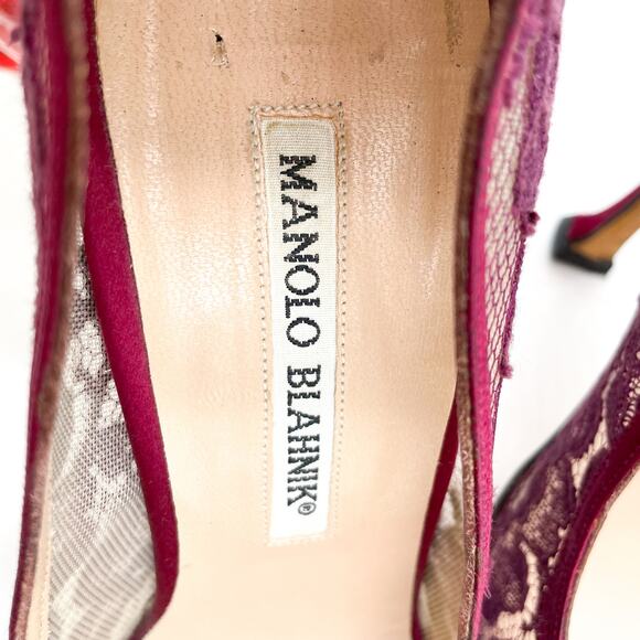Manolo Blahnik Lace‎ Pumps Burgundy Red Floral Pointed Toe Sheer Sz 37 / 7 - Picture 9 of 10
